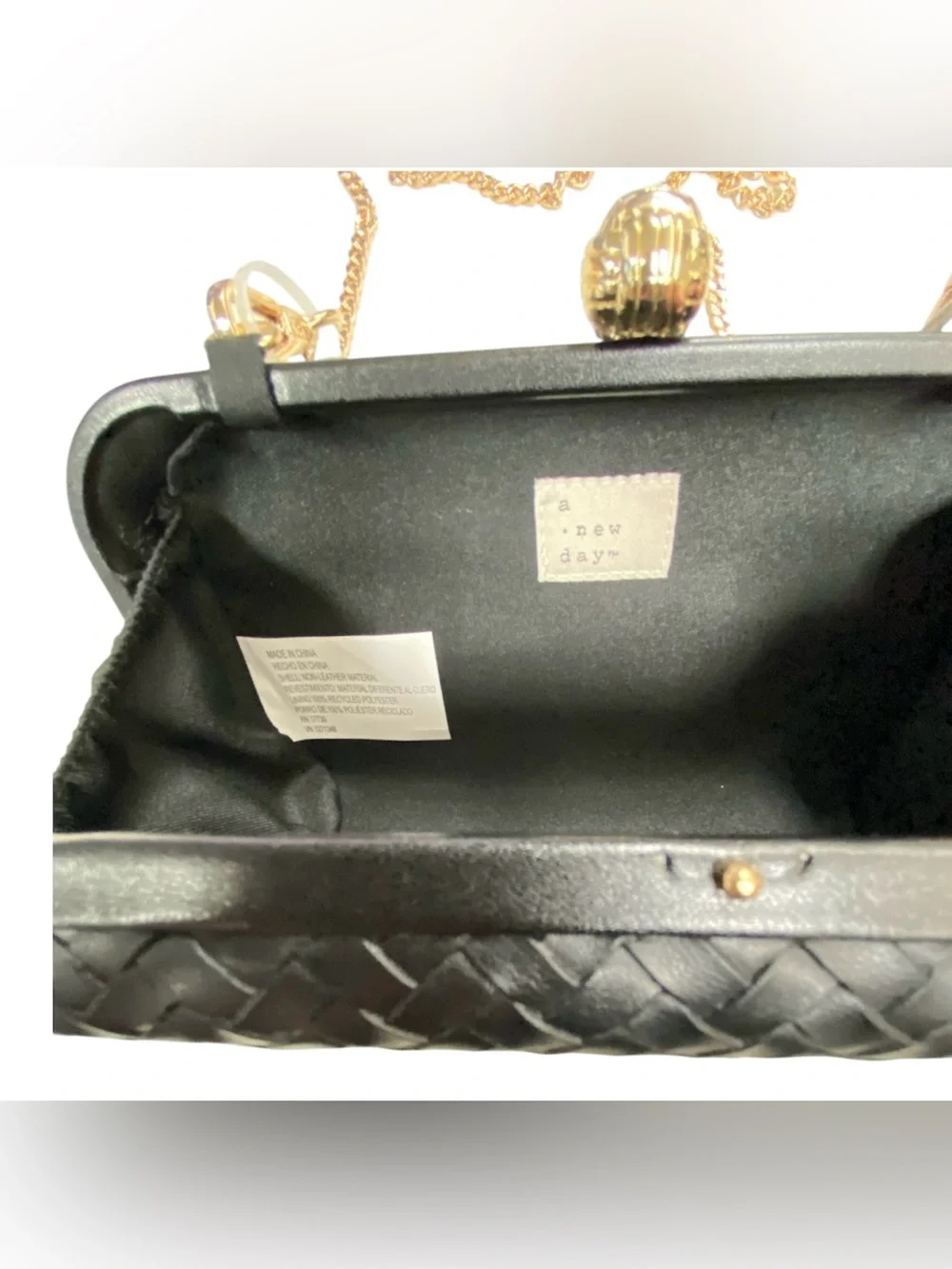 A New Day Black Woven Clutch Crossbody Bag Gold Chain Evening Purse Wedding